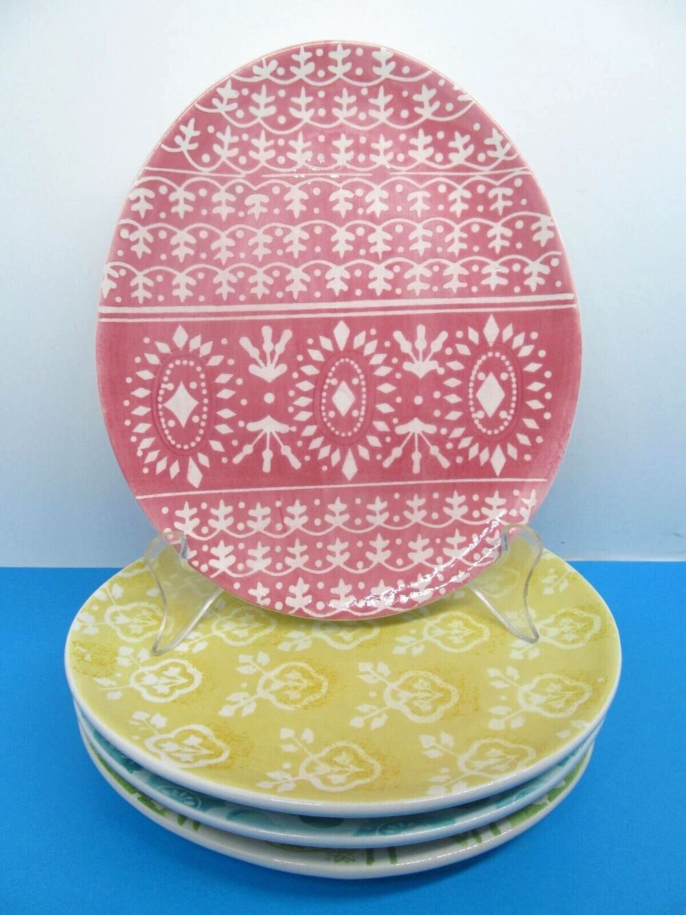 Pottery Barn Easter 8" Oval Plate Egg Shaped Pink Green Blue Yellow Bundle of 4